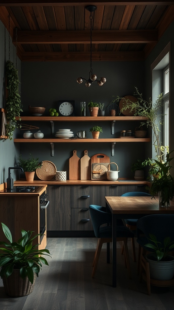 A cozy kitchen with dark walls, wooden shelves, and plants, showcasing natural elements.