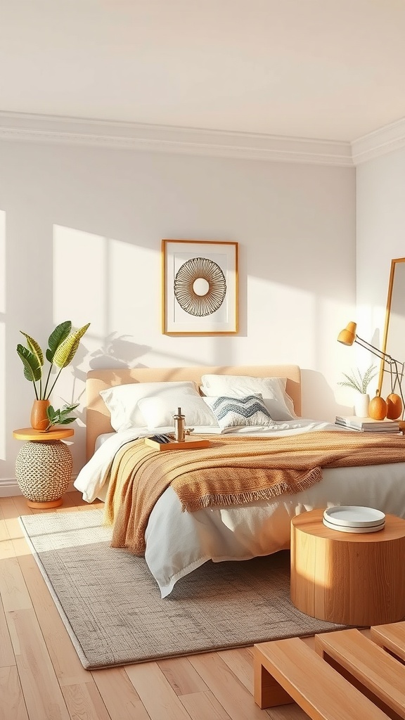 A cozy beige and brown bedroom featuring natural elements like plants and wooden furniture.
