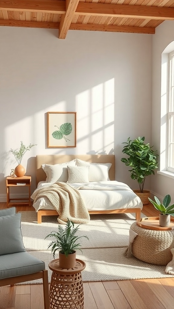 Cozy living room with natural elements, featuring wooden beams, plants, and soft textiles.