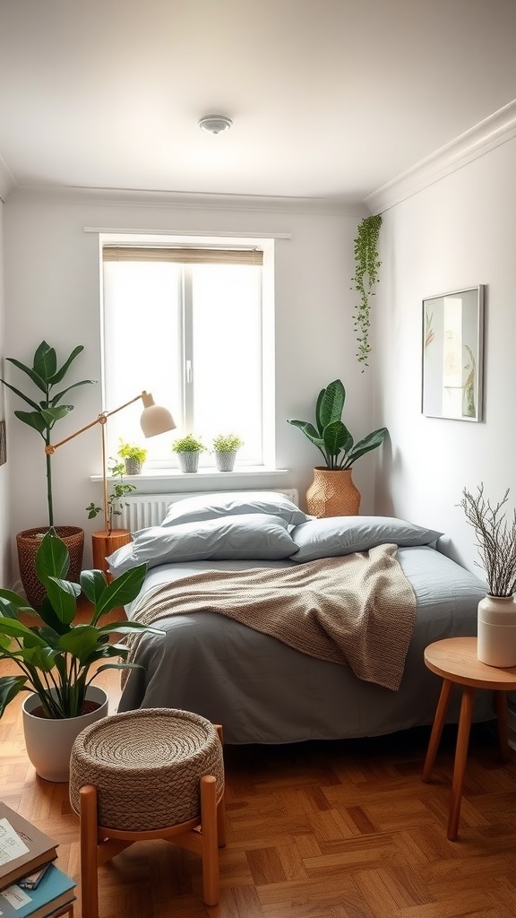 A cozy masculine small bedroom with natural elements including plants and wooden furniture.