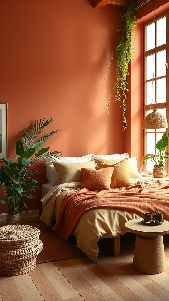 Cozy bedroom with terracotta walls, plants, and warm bedding
