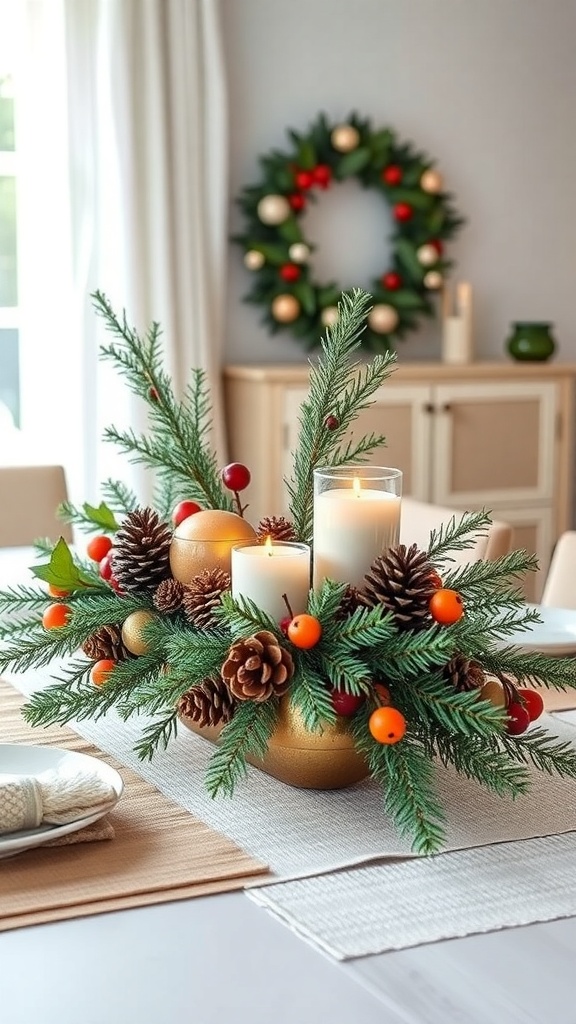A winter centerpiece with pine branches, pinecones, and candles, with a festive wreath in the background.