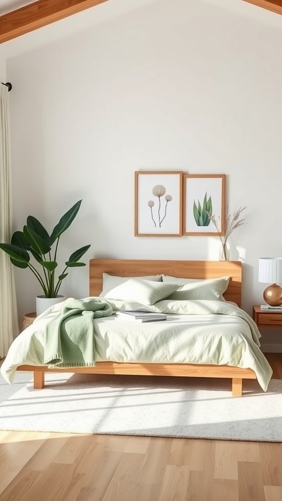 A serene bedroom featuring sage green bedding, wooden furniture, and indoor plants.