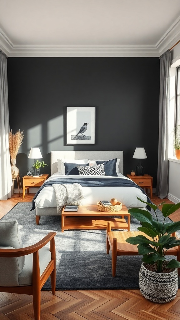A stylish black and white living room featuring dark walls, light furniture, wooden accents, and a green plant.
