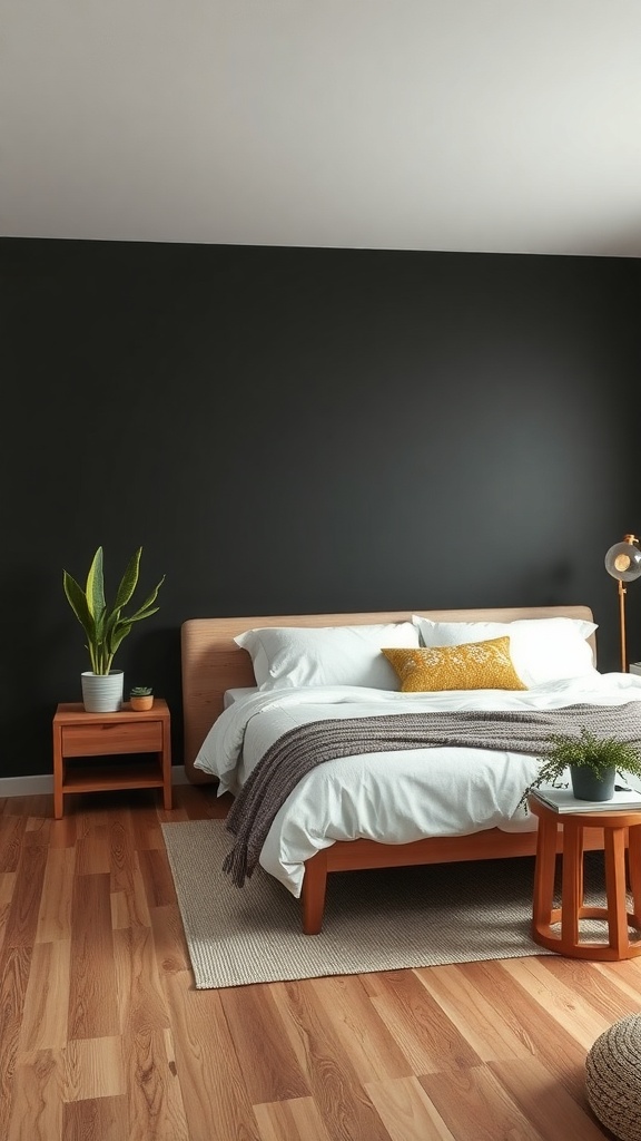 A cozy bedroom featuring black walls, wooden furniture, and a touch of greenery.