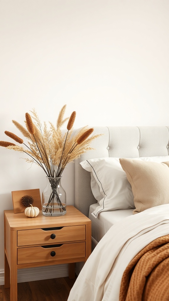A cozy bedroom featuring a vase of dried flowers on a wooden nightstand, with soft bedding and a pumpkin decoration.