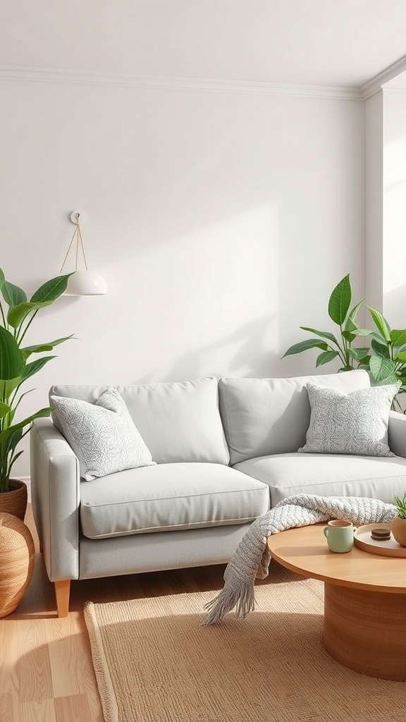 A light gray couch in a living room with greenery and natural elements.