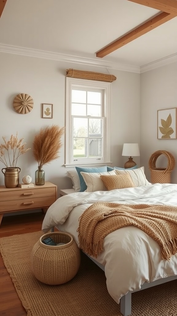 A cozy bedroom featuring jute decor, natural elements, and warm tones.