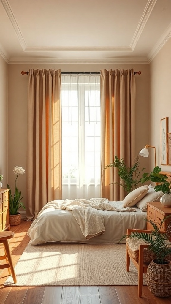 A cozy bedroom with natural fabric curtains, warm tones, and plants.