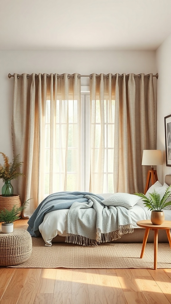 A cozy living room featuring natural fabric curtains, a bed with soft blankets, and rustic decor elements.