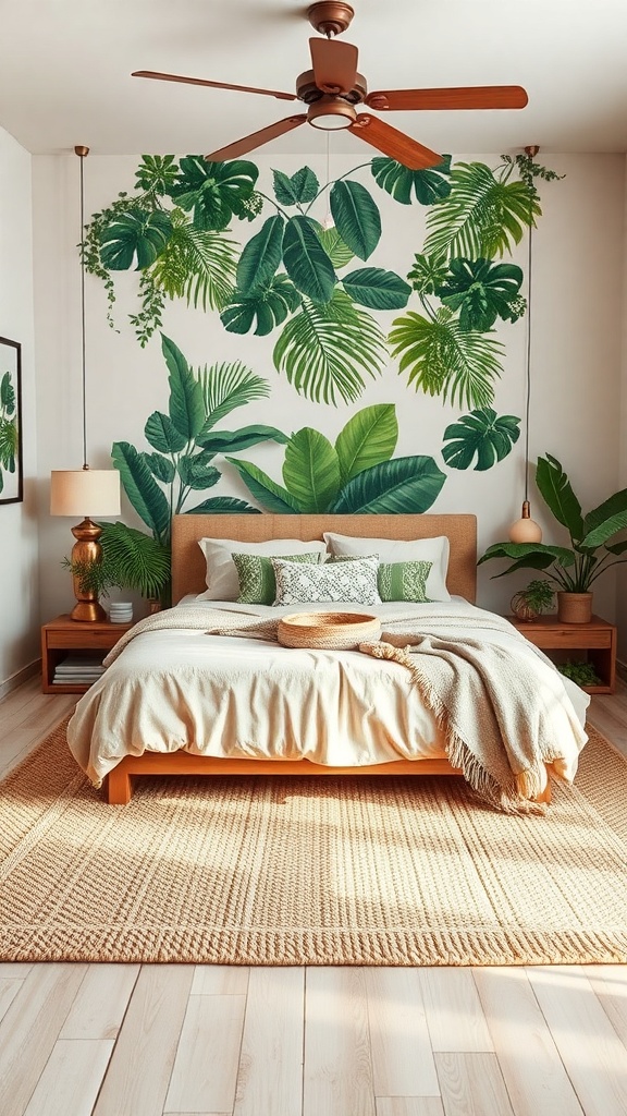 A cozy jungle-themed bedroom featuring a natural fiber rug, leafy wall decor, and warm lighting.