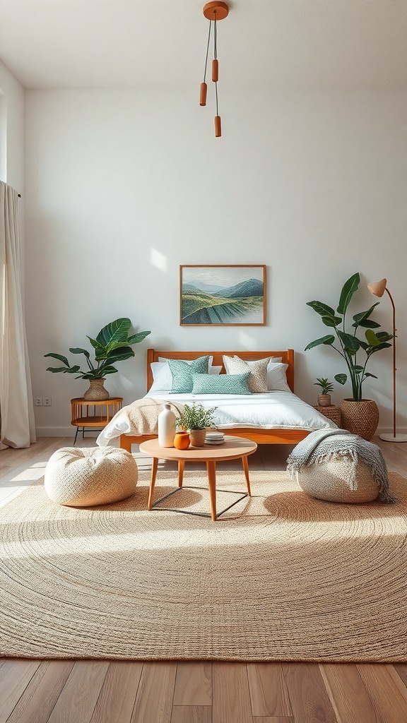 A cozy living room featuring a round natural fiber rug, wooden furniture, and indoor plants.