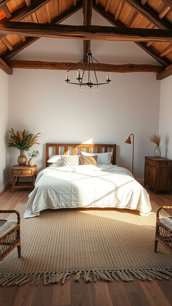 A cozy cottagecore bedroom featuring a natural fiber rug, wooden beams, and soft linens.