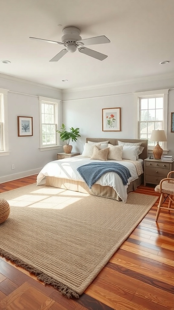 A cozy cottagecore bedroom featuring a large natural fiber rug on a wooden floor, with soft bedding and natural light.