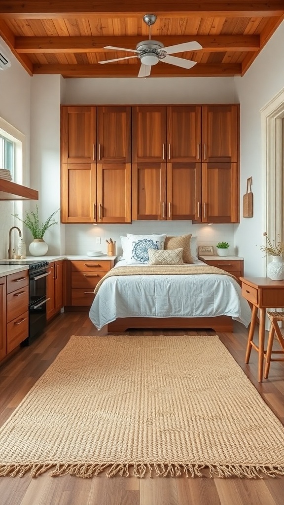 A cozy kitchen with a natural fiber rug, wooden cabinets, and a warm color scheme.