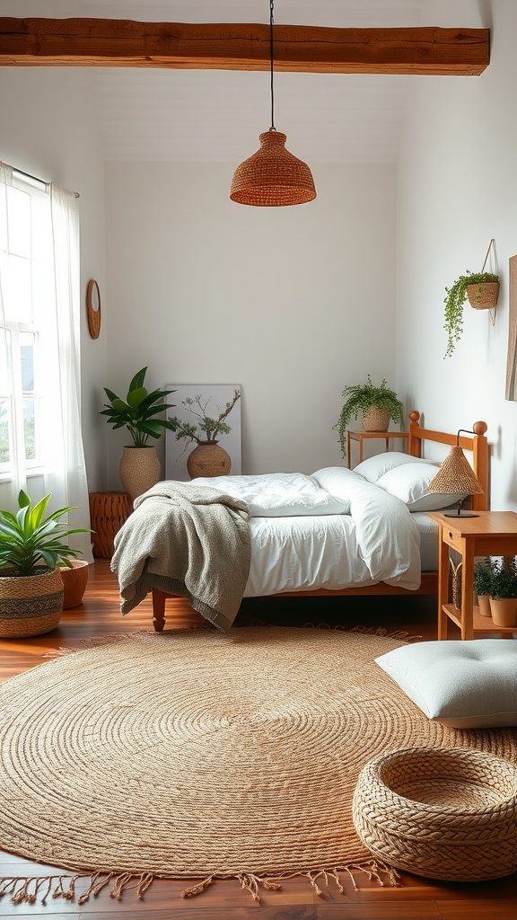 A cozy bedroom featuring a round natural fiber rug, wooden furniture, and plants, creating an eco-friendly atmosphere.