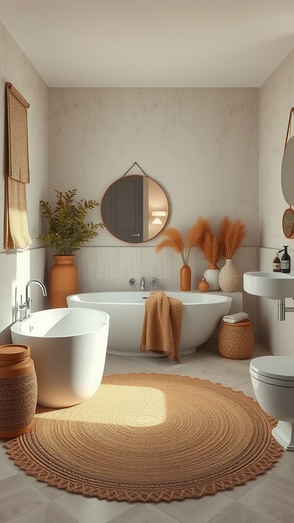 A cozy bathroom featuring a round natural fiber rug, a bathtub, and earthy decor.