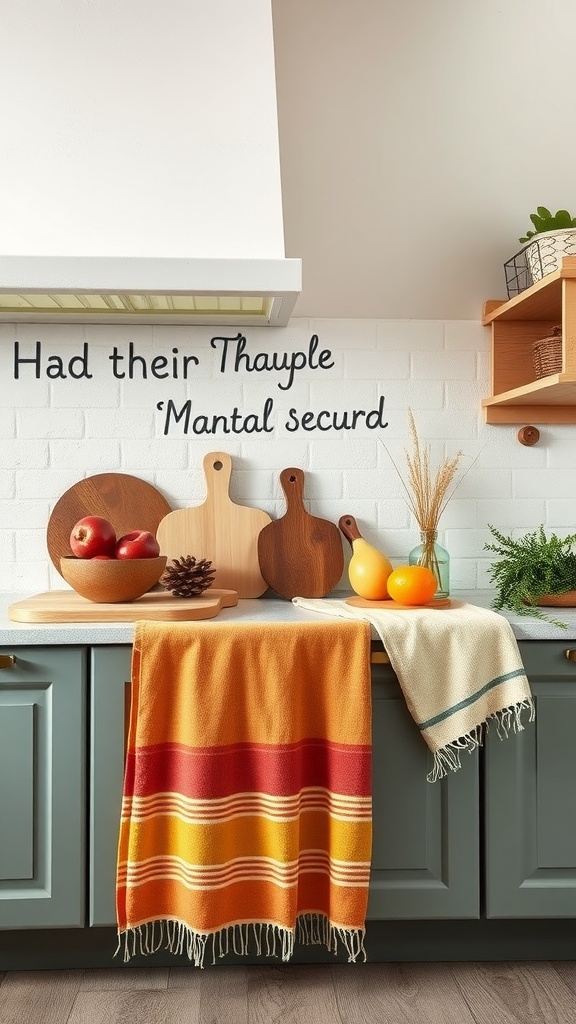 A kitchen scene showcasing natural fiber textiles with a vibrant blanket, wooden cutting boards, and fresh fruits.