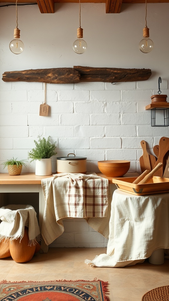 A cozy kitchen featuring natural fiber textiles, wooden elements, and earthy decor.