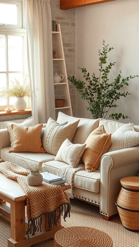 Cozy living room with natural fiber textiles, including cushions and a knitted throw on a sofa, a wooden coffee table, and woven baskets.