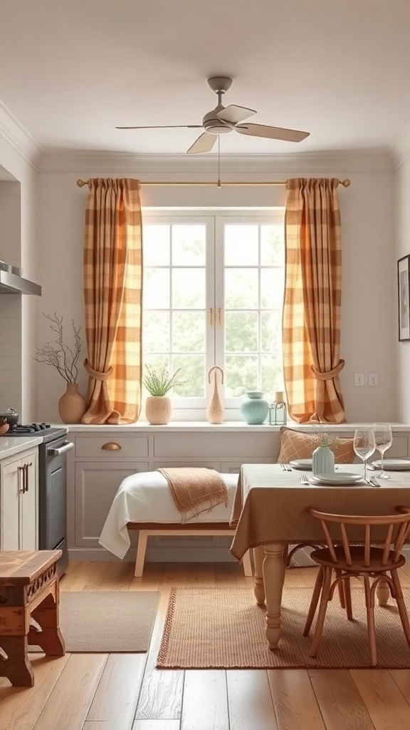 A cozy kitchen with natural fiber textiles, featuring soft curtains, a wooden table, and neutral decor.