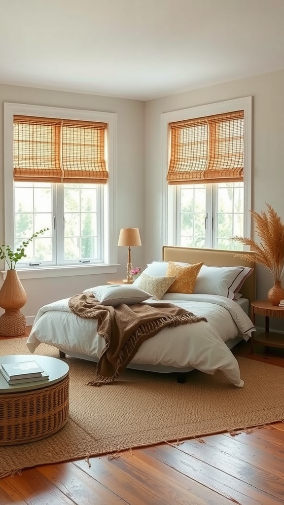 A cozy bedroom featuring natural fiber window treatments, a bed with soft linens, and warm wooden accents.