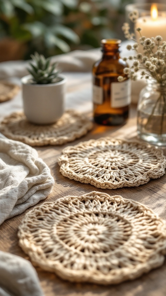 Crochet coasters made from natural fibers on a wooden table with plants and decorative items