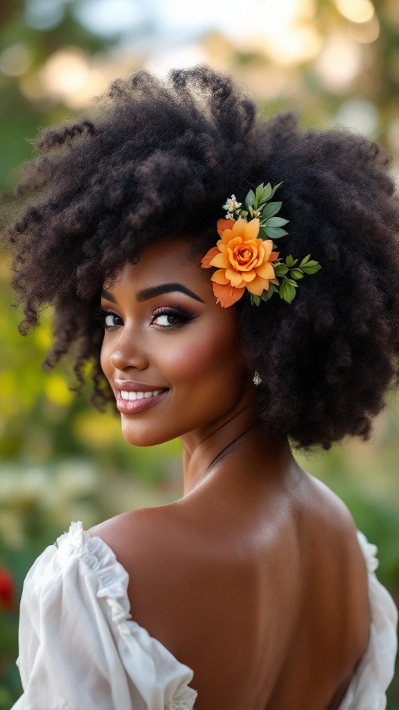 A woman with a natural afro hairstyle decorated with an orange rose and greenery, smiling and looking back over her shoulder