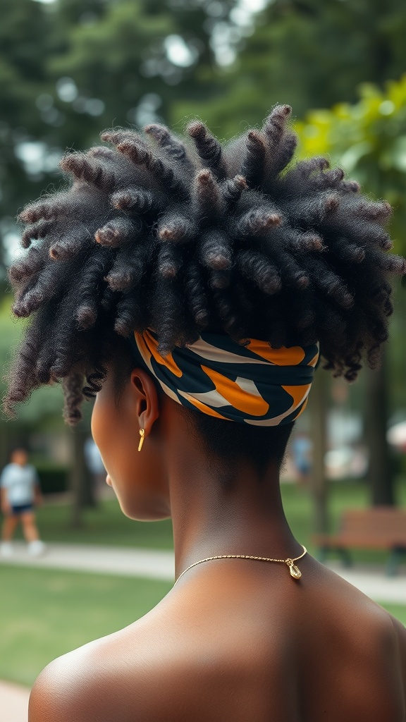 A person with a natural fro hairstyle adorned with a colorful headband, showcasing beautiful curls in a park setting.