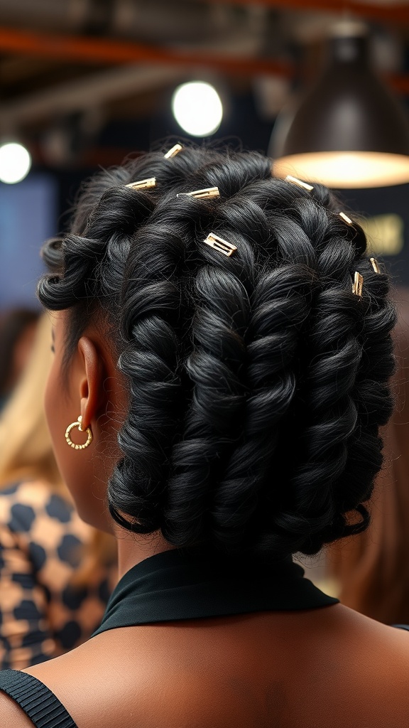 A woman with natural hair styled in twists, decorated with gold hair clips.