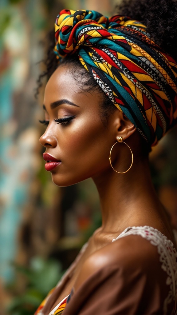 A woman with natural hair styled beautifully with a colorful headwrap.