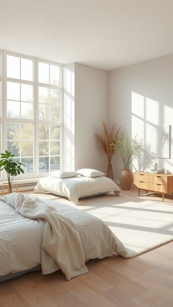 A bright greige bedroom with large windows, soft bedding, and natural decor elements.