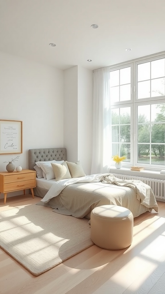 A bright and airy bedroom with large windows, neutral colors, and soft furnishings.