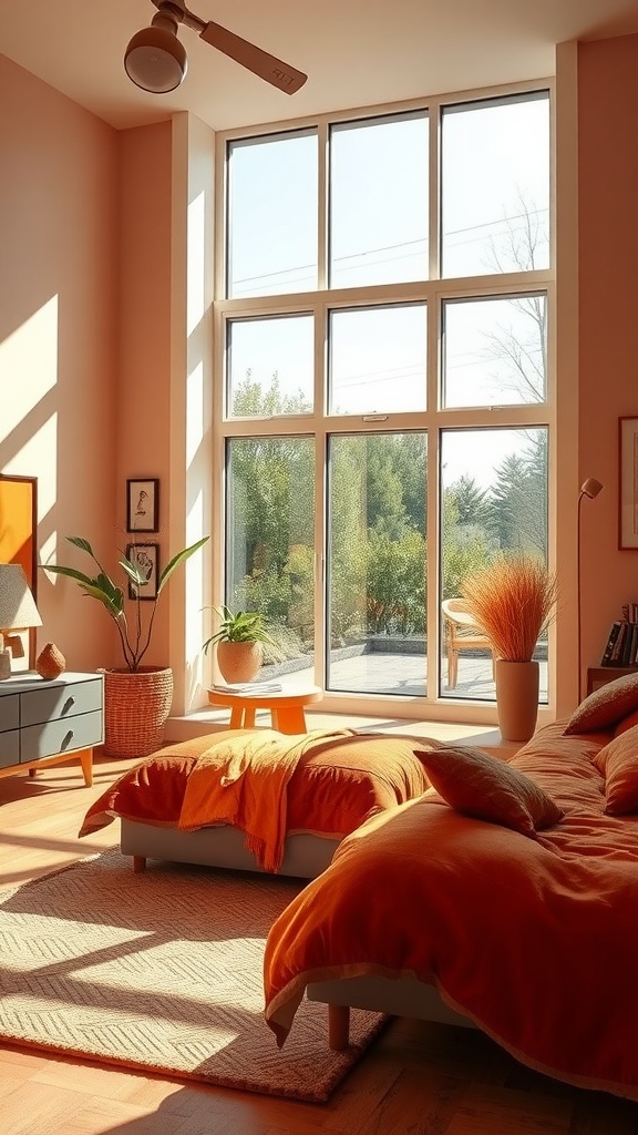 Bright bedroom featuring burnt orange bedding, large windows, and plants.