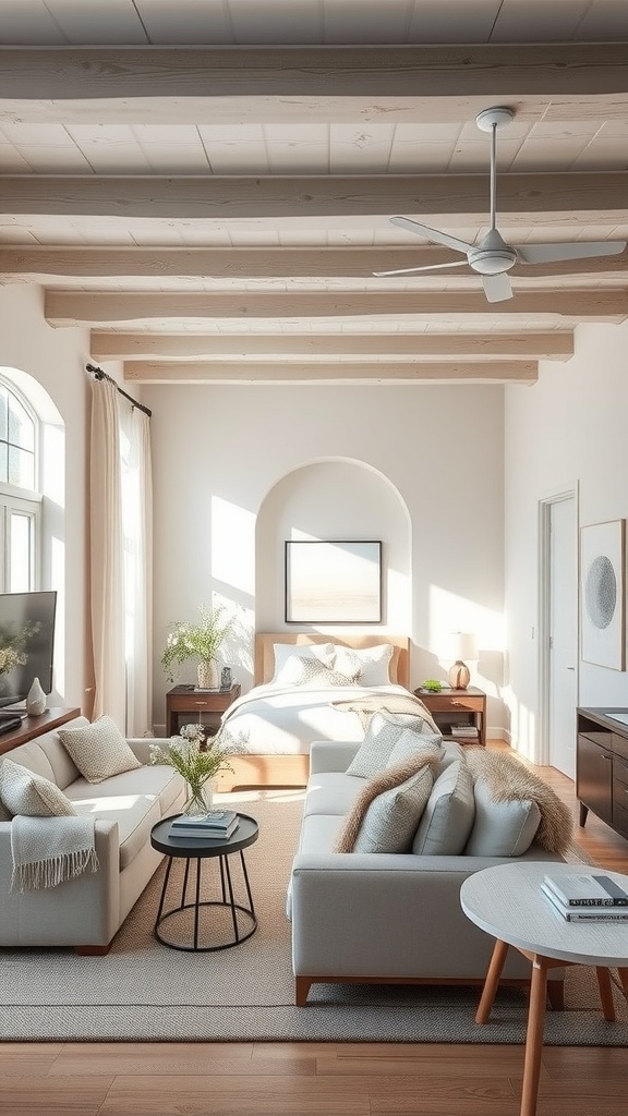 A bright living room with gray beams and beige decor, featuring natural light and cozy furnishings.