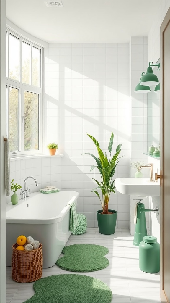 Bright and airy bathroom featuring large windows, white tiles, and green decorative elements, including plants and rugs.