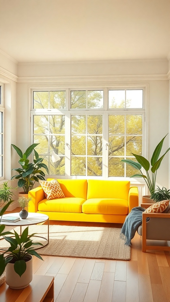 Bright living room featuring a yellow couch, large windows, and various indoor plants.