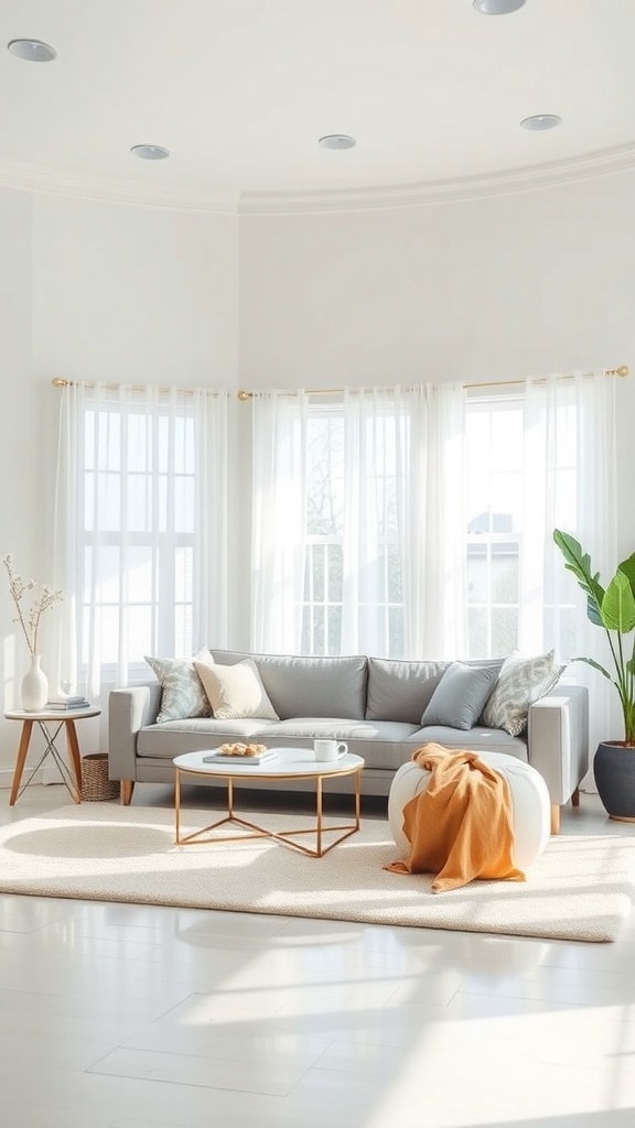 A bright living room featuring a grey couch, a coffee table, and large windows with sheer curtains, creating a cozy atmosphere.