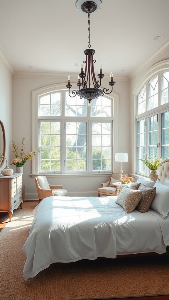 A bright French country bedroom featuring large windows that allow natural light to flood the space, with a cozy bed and elegant chandelier.