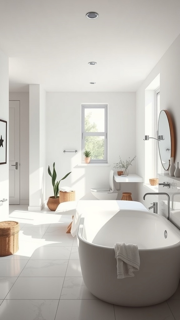 A bright and airy minimalist bathroom with natural light, featuring a freestanding bathtub, plants, and simple decor.