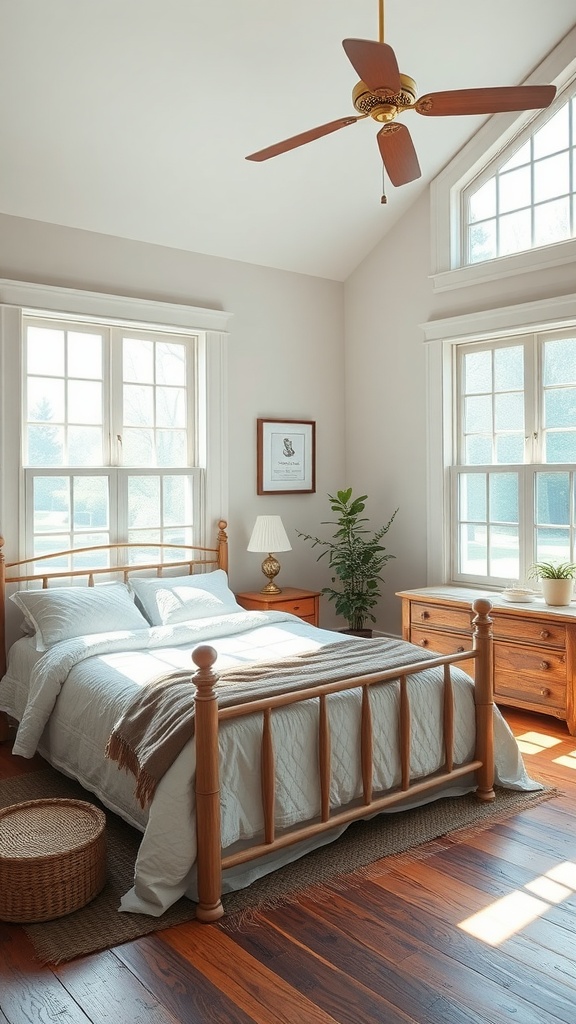 Bright farmhouse bedroom with large windows, wooden furniture, and natural decor.