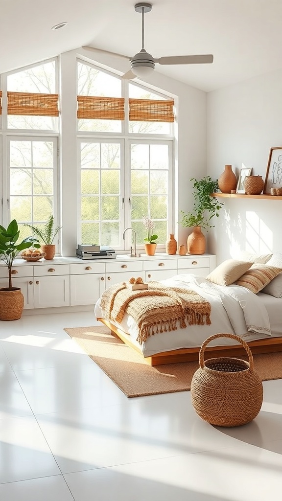 A bright kitchen with large windows, natural light, and earthy decor.