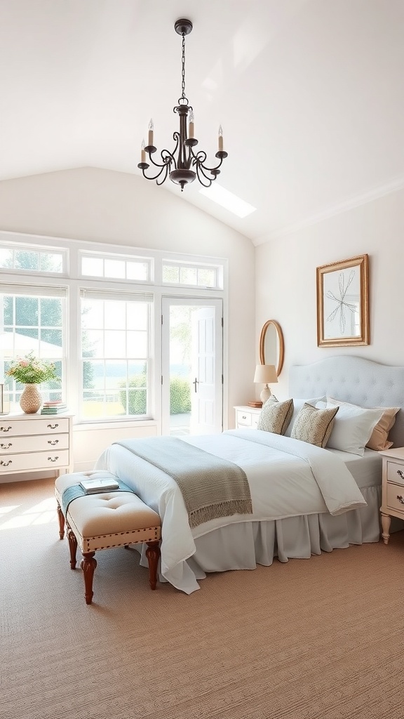 A bright and airy French country bedroom with large windows, soft colors, and natural light.