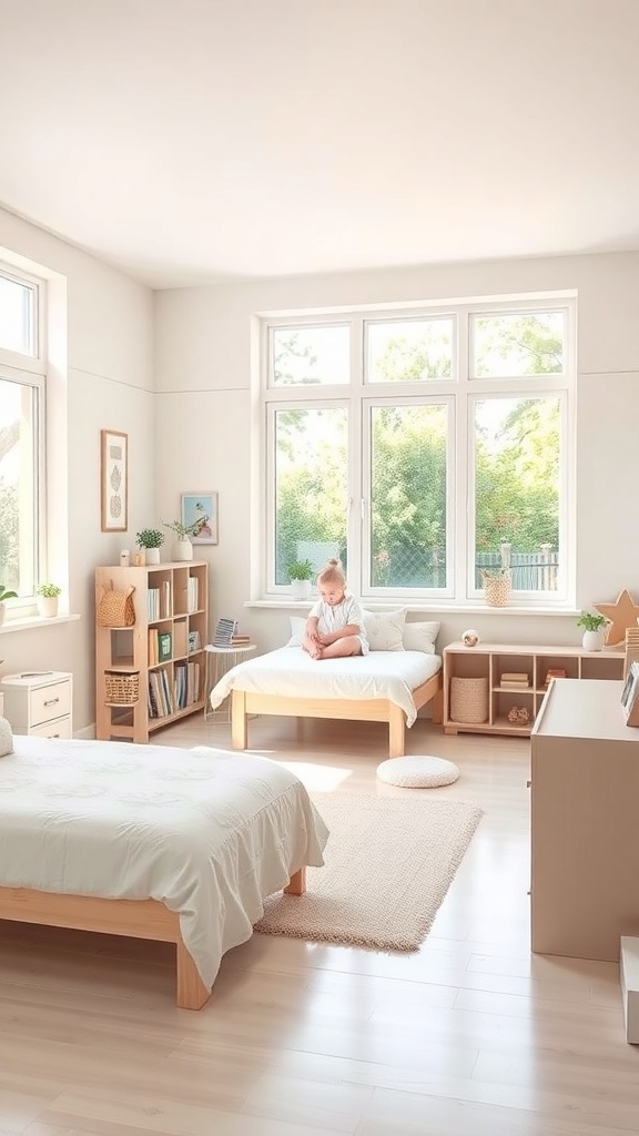 A bright and airy Montessori toddler bedroom with large windows, soft colors, and low furniture.
