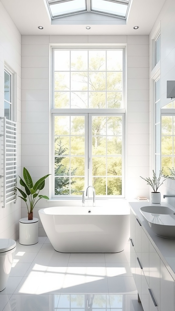 A bright and airy bathroom featuring large windows and a skylight.