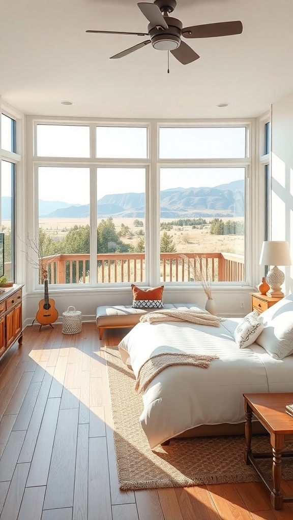 Bright bedroom with large windows showcasing mountain views
