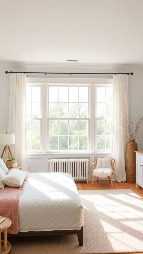 A bright farmhouse bedroom with large windows, white curtains, and wooden accents.