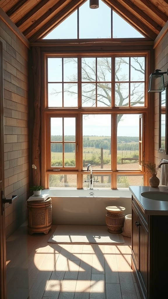 A country rustic bathroom featuring large windows with natural light streaming in, showcasing a beautiful view outside.