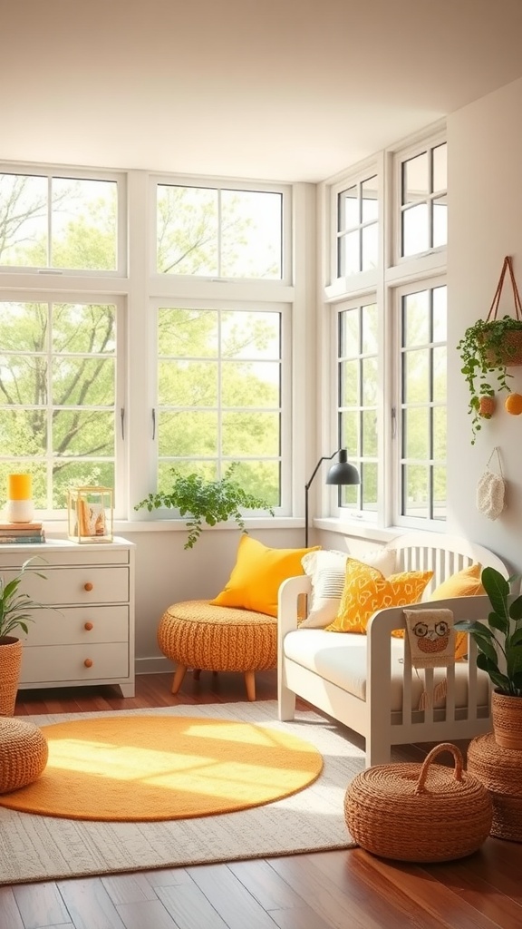 Bright and cheerful yellow nursery with natural light and cozy furniture.