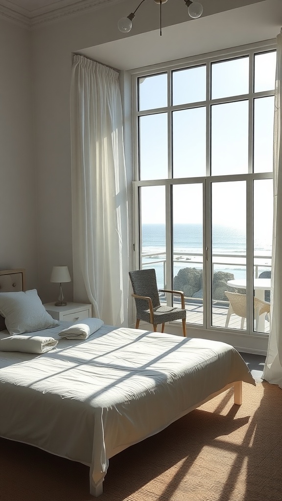 Bright beach bedroom with large window and ocean view